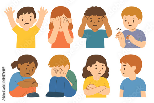 Children's Helpless Gestures. Flat vector mini-illustrations helplessness gestures in colors children's illustrations: raised