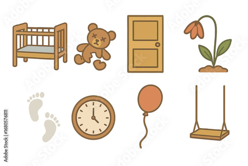 Children's Loss Icons. Flat vector mini-illustrations stories of loss in colors children's illustrations: empty cradle, broken toy
