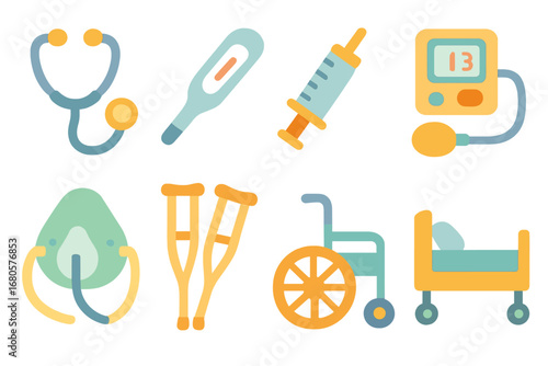 Children's Medical Icons. Flat vector mini-illustrations illness and medical equipment in colors children's illustrations: