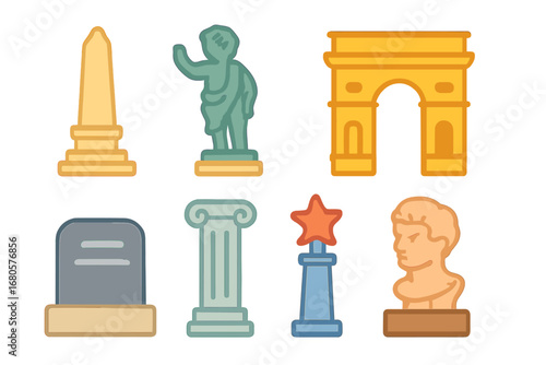 Children's Monument Icons. Flat vector mini-illustrations monument in colors children's illustrations: obelisk, statue, triumphal