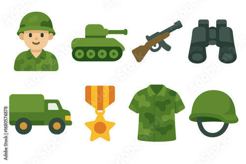 Children's Military Icons. Flat vector mini-illustrations ticking objects in colors children's illustrations: clock, timer,