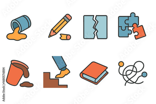 Children's Mistakes Icons. Flat vector mini-illustrations bad luck and mistakes in colors children's illustrations: spilled paint,