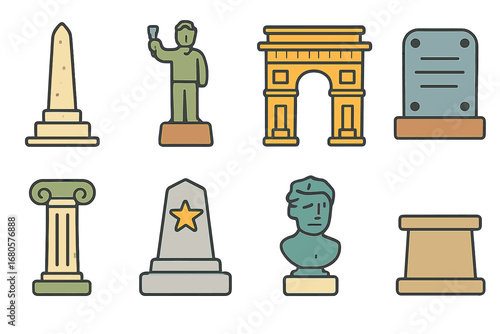 Children's Monument Icons. Flat vector mini-illustrations monument in colors children's illustrations: obelisk, statue, triumphal