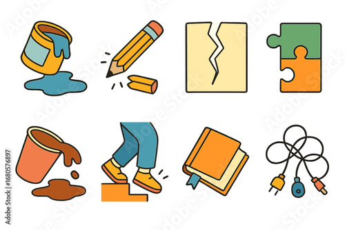 Children's Mistakes Icons. Flat vector mini-illustrations bad luck and mistakes in colors children's illustrations: spilled paint,