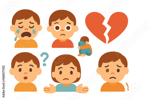 Children's Sad Expressions. Flat vector mini-illustrations emotions of losing home in colors children's illustrations: crying face