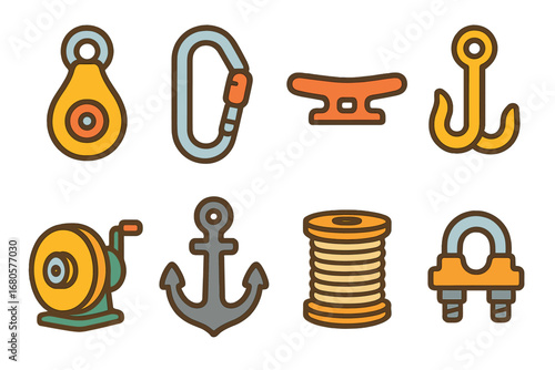 Children's Rope Icons. Flat vector mini-illustrations rope tools and accessories in colors children's illustrations: pulley,