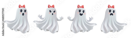 Halloween ghost girl set. 3d emoji little nice game character. White cloth pink bow. Scary laugh, baby boo, spooky face. Phantom soul funny mascot, Cute girly smile, scared scream emotion, blue bg