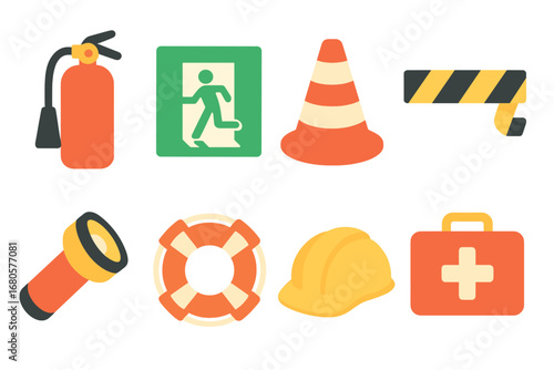 Children's Safety Equipment Icons. Flat vector mini-illustrations SOS safety equipment in colors children's illustrations: fire