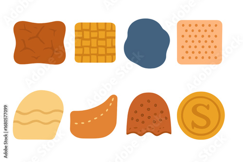 Children's Shoe Patterns. Flat vector mini-illustrations shoe patterns in colors children's illustrations: leather texture, canvas