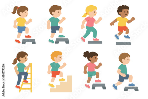 Children's Step Exercises. Flat vector mini-illustrations step exercise in colors children's illustrations: step aerobics, step up