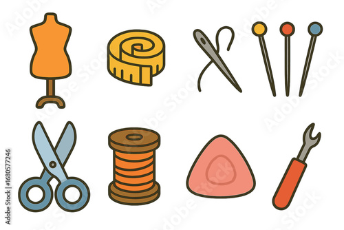 Children's Tailoring Icons. Flat vector mini-illustrations tailoring tools in colors children's illustrations: dress form,