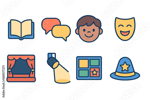 Children's Storytelling Icons. Flat vector mini-illustrations storytelling in colors children's illustrations: open book, speech