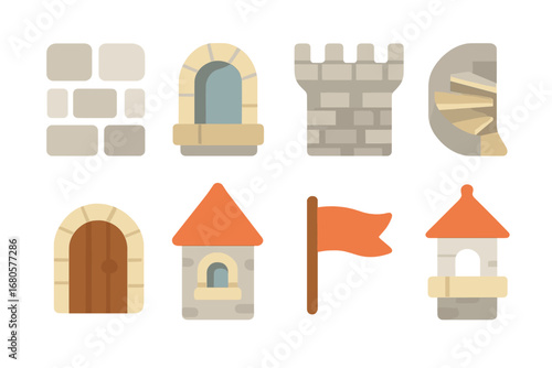 Children's Tower Icons. Flat vector mini-illustrations defense tower architecture in colors children's illustrations: stone bricks