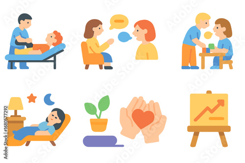 Children's Therapy Icons. Flat vector mini-illustrations hospital therapy and recovery in colors children's illustrations: