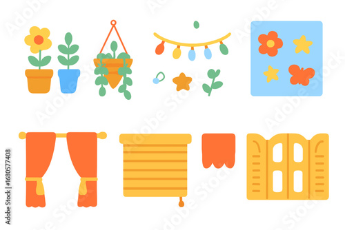 Children's Window Decor. Flat vector mini-illustrations window decoration in colors children's illustrations: flower pots, hanging