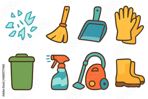 Cleaning Tools Icons. Flat vector mini-illustrations shattered glass and cleanup in colors children's illustrations: broom,