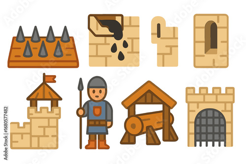 Citadel Defense Icons. Flat vector mini-illustrations citadel defenses in colors children's illustrations: spike traps, boiling