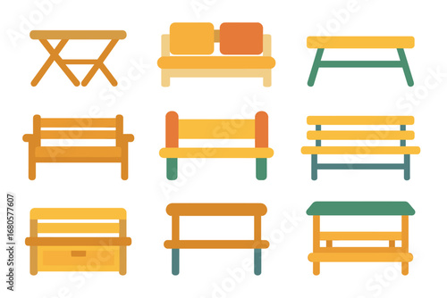 Colorful Bench Icons. Flat vector mini-illustrations bench types in colors children's illustrations: folding bench, bench with