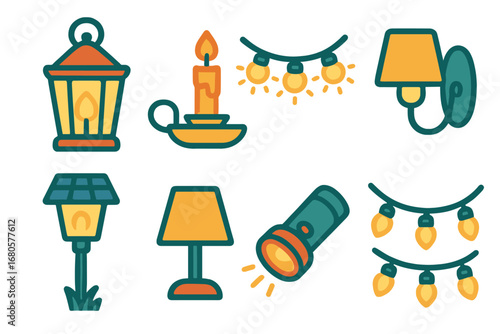 Colorful Balcony Lights. Flat vector mini-illustrations balcony lighting in colors children's illustrations: lantern, candle