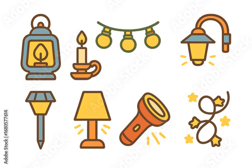 Colorful Balcony Lights. Flat vector mini-illustrations balcony lighting in colors children's illustrations: lantern, candle