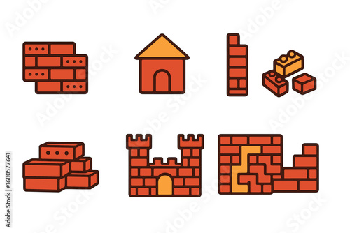 Colorful Brick Icons. Flat vector mini-illustrations brick objects and toys in colors children's illustrations: brick wall, brick