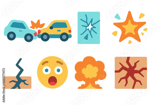 Colorful Car Crash. Flat vector mini-illustrations collision in colors children's illustrations: crashing cars, bumper hit, broken