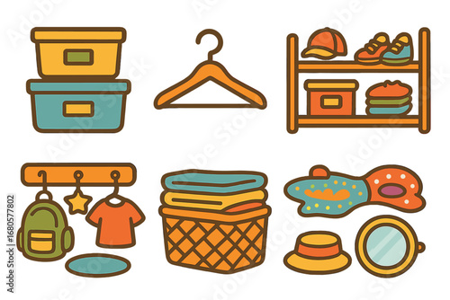 Colorful Closet Organization. Flat vector mini-illustrations closet organization in colors children's illustrations: storage bins,