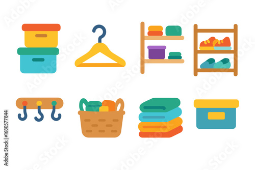 Colorful Closet Organization. Flat vector mini-illustrations closet organization in colors children's illustrations: storage bins,