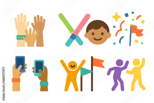 Colorful Concert Fun. Flat vector mini-illustrations concert crowd in colors children's illustrations: cheering hands, glow sticks