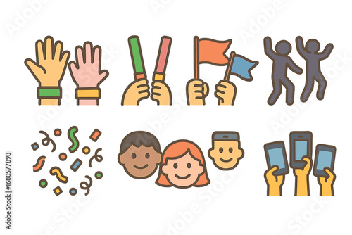 Colorful Concert Fun. Flat vector mini-illustrations concert crowd in colors children's illustrations: cheering hands, glow sticks
