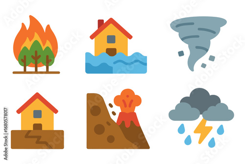 Colorful Disaster Icons. Flat vector mini-illustrations tragic natural disasters in colors children's illustrations: wildfire,
