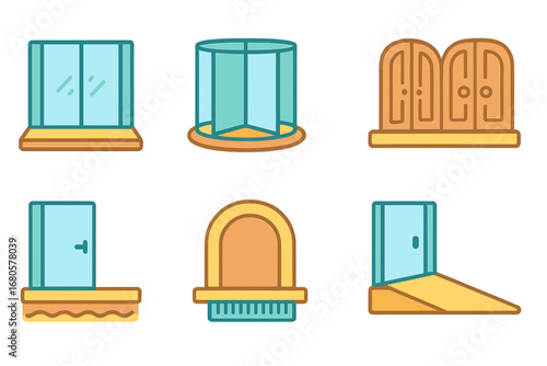 Colorful Door Thresholds. Flat vector mini-illustrations door thresholds in colors children's illustrations: sliding door