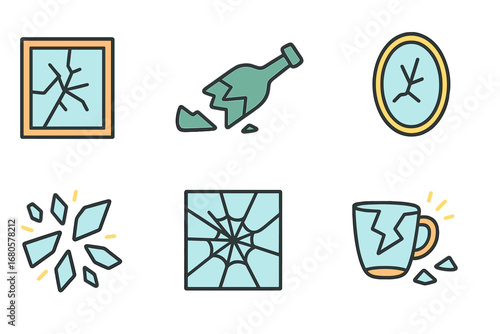 Colorful Glass Breaks. Flat vector mini-illustrations breaking glass in colors children's illustrations: shattered window, broken