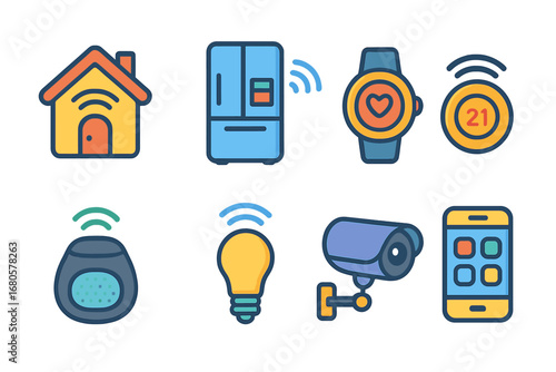 Colorful IoT Icons. Flat vector mini-illustrations internet of things in colors children's illustrations: smart home, connected