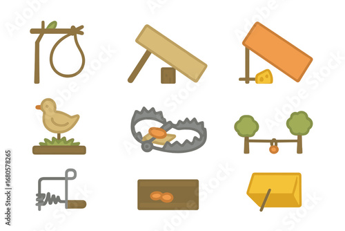 Colorful Hunting Traps. Flat vector mini-illustrations hunting traps in colors children's illustrations: snare, deadfall, pitfall,