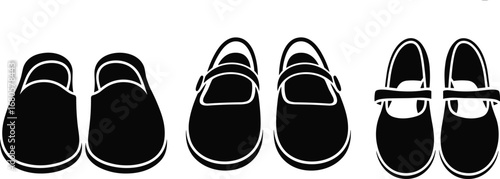 Silhouette of three pairs of shoes and slippers in different styles, black vector illustration, footwear icons, fashion and comfort concept.