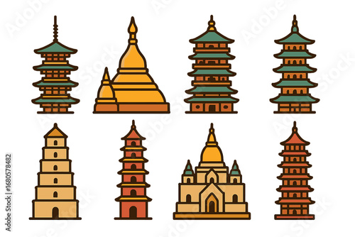 Colorful Pagodas Grid. Flat vector mini-illustrations famous pagodas in colors children's illustrations: To-ji Pagoda, Shwedagon
