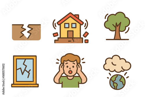 Colorful Quake Icons. Flat vector mini-illustrations quake in colors children's illustrations: cracked ground, shaking house,