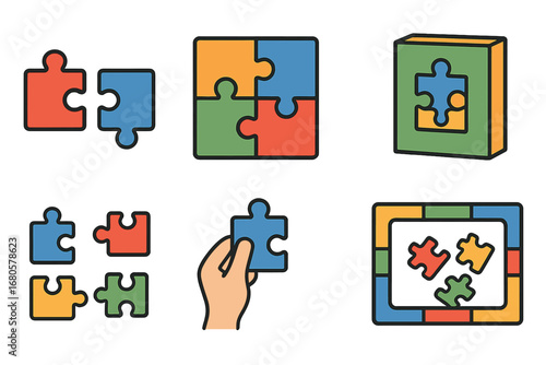 Colorful Puzzle Pieces. Flat vector mini-illustrations puzzle pieces in colors children's illustrations: jigsaw pieces, assembled