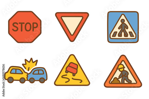 Colorful Road Signs. Flat vector mini-illustrations car crash road signs in colors children's illustrations: stop sign, yield sign