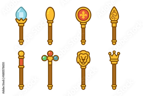 Colorful Royal Staffs. Flat vector mini-illustrations royal staffs in colors children's illustrations: staff with jewel top, staff