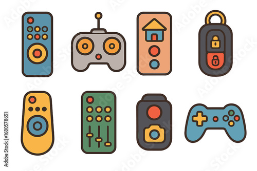 Colorful Remote Controls. Flat vector mini-illustrations remote control devices in colors children's illustrations: TV remote,