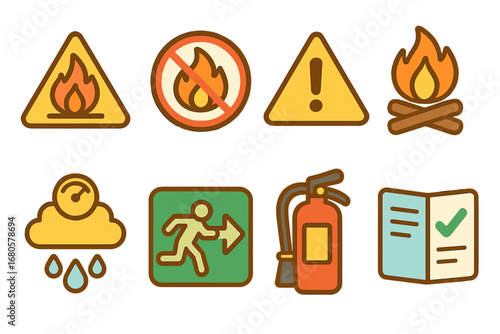 Colorful Safety Symbols. Flat vector mini-illustrations ignition safety signs in colors children's illustrations: flammable