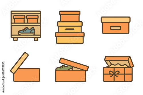 Colorful Shoebox Designs. Flat vector mini-illustrations shoe storage in colors children's illustrations: shoebox shelf, shoebox