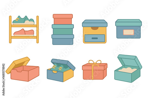 Colorful Shoebox Designs. Flat vector mini-illustrations shoe storage in colors children's illustrations: shoebox shelf, shoebox