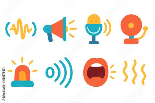 Colorful Sound Icons. Flat vector mini-illustrations scream sounds in colors children's illustrations: sound waves, megaphone,