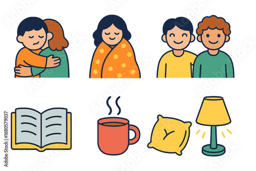 Comfort in Colors. Flat vector mini-illustrations depression coping in colors children's illustrations: comforting hug, warm