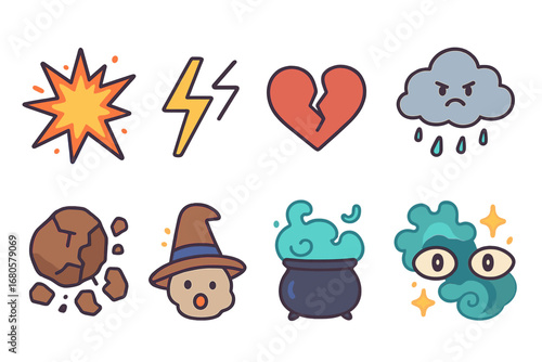 Comic and Magic Icons. Flat vector mini-illustrations comic curse effects in colors children's illustrations: exploding star,