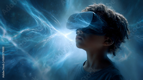 Wallpaper Mural Child using virtual reality headset for metaverse, child looking into VR glasses. Little girl boy with futuristic glasses having fun, teenager playing video games. Technology, simulator, oculus future Torontodigital.ca