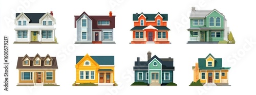 Colorful illustrations of various residential houses with different architectural styles and colors